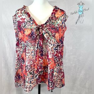 Colorful abstract floral print tie neck button down blouse top size 3X